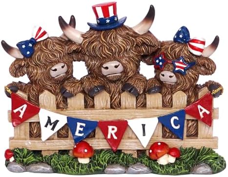 5.71inch Highland Cow 4th of July Decor, Peeking Over Fence with Red Blue White America Banner, Rustic Resin Figurine for Farmhouse Table Decoration, US 250th Independence Patriotic Memorial Day Gift by YeehaWhoo