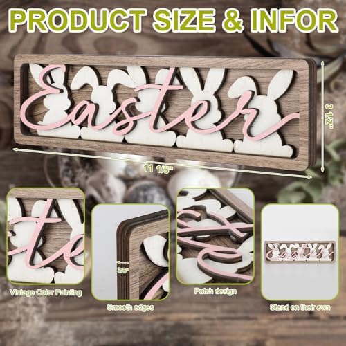 Vintage Happy Easter Decorations for Office, Home, Table, Mantel, Shelf, Desk, 3 1/2 x 11 Inch Retro Bunny Sign, Wooden Spring Bunnies Decor Sign, Farmhouse Pink Decoration (Vintage Bunnies) - Image 2