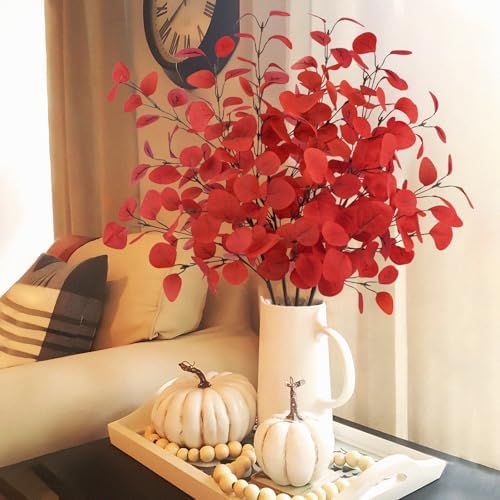 4Pcs Artificial Eucalyptus Leaves Stems 33.8‘’ Eucalyptus Plants Branches Greenery for Home Fireplace Farmhouse Party Wedding Table Bathroom Christmas Décor Red - Image 4