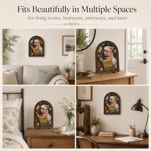 Book Lover Decor Arched Wooden Frame Tabletop Sign, Funny Reading Bird Bookshelf Decor for Desk Shelf and Reading Nook, Vintage Floral Parrot Art Accent - Image 3