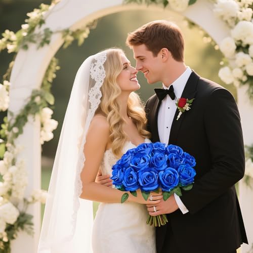 22 Pcs Artificial Blue Roses with Stems - Velvet Faux Flowers Bulk for Wedding Home Decor (Blue) - Image 5