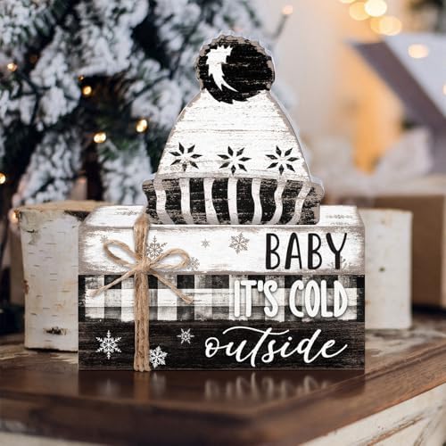 Geelin 4 Pcs Winter Cozy Table Decoration Wooden Book Stack Sign - Image 6