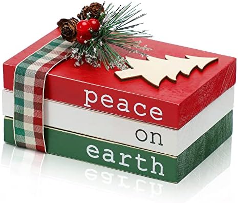 Christmas Wood Book Stack, Christmas Tiered Tray Decor, Peace on Earth Mini Faux Decorative Books with Pine Berry, Farmhouse Book Decor for Home Table Mantle Shelf by KORMMCO