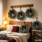 6 Pcs Small Christmas Hanging Wreaths Artificial Snow Flocked Cedar Wreaths with Brown Velvet Ribbon & Bronze Bells Mini Christmas Wreaths for Cabinet Porch Front Door Winter Xmas Holiday Decorations - Image 4