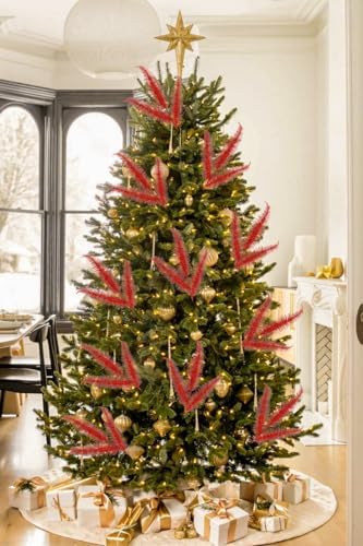 Oairse 8 Pcs Christmas Tree Picks and Sprays Red Glitter Christmas Picks 28" Christmas Glitter Feathers Leaves Stems for Christmas Tree Filler Branches Wreaths Centerpieces Holiday Decorations - Image 3
