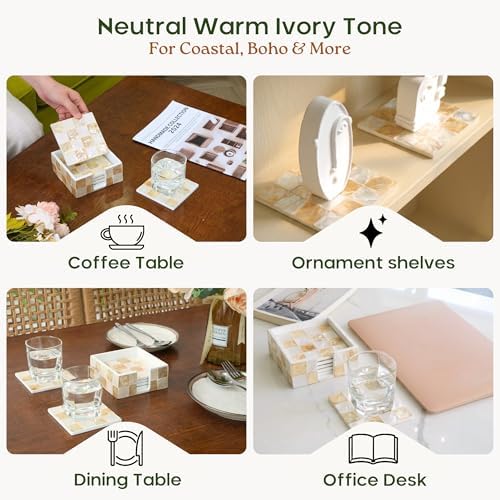 CHI AN HOME 4" Capiz Shell Mosaic Square Coasters Set 6 with Holder, Ivory - Image 5