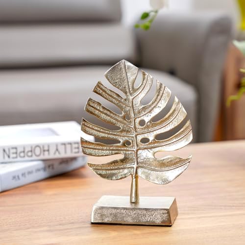 MyGift Brass Tone Metal Palm Leaf Modern Art Sculpture Decor, Monstera Plant Statue - Handcrafted in India - Image 4