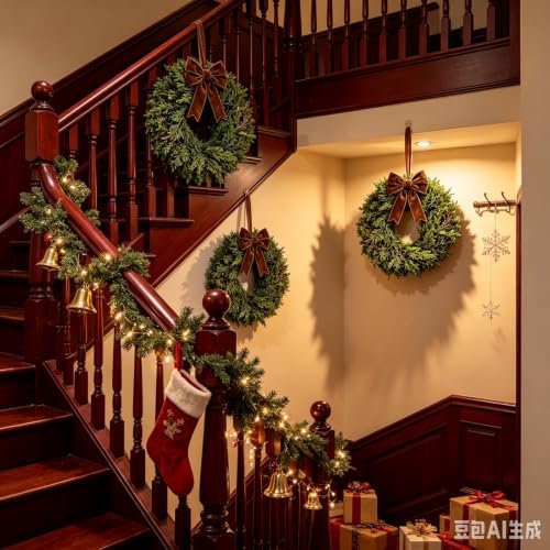 4 Pcs Small Christmas Hanging Wreaths with Artificial Cedar Cypress Pine Greenery Dark Brown Velvet Ribbon Mini Front Door Wreath for Porch Window Cabinet Wall Farmhouse Rustic Christmas Holiday Decor - Image 3