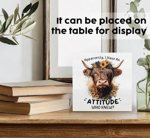 Highland Cow Sign, Farm Cottagecore Animal Office Kitchen Bedroom Decor, Apparently I Have an Attitude Who Knew Wooden Box Signs, Apparently Highland Cow Gifts for Women Men 8x8 in Decorative Signs & Plaques - Image 3