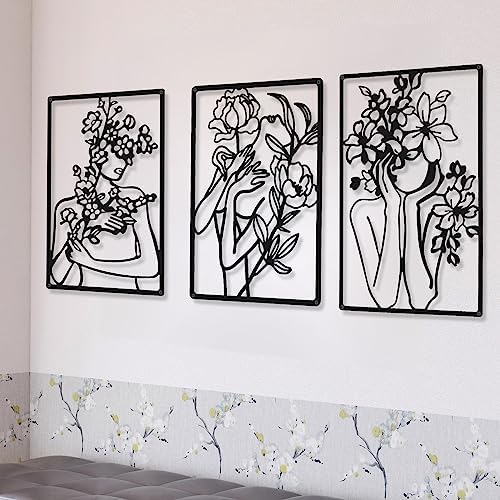CHENGU 3 Pieces Metal Minimalist Abstract Woman Wall Art Line Drawing Wall Art Decor Single Line Female Home Hanging for Kitchen Bathroom Living Room by CHENGU