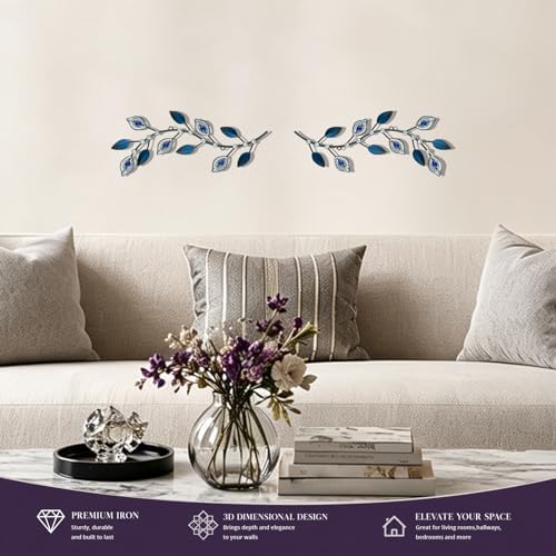 sxnzequnze 2 Set Metal Tree Leaf Wall Art for Home Decor Living Room Bedroom Dining Room Bling Rhinestone, 3D, Iron Branch Hanging Leaf Sculpture Art Pieces -Navy blue 16.5in*6.7in - Image 5