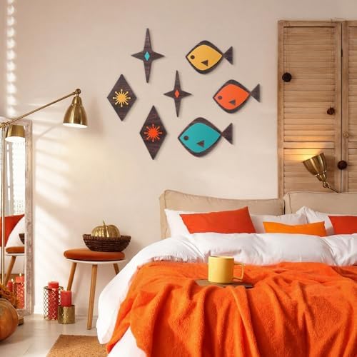 Youyole 7 Pcs Mid Century Modern Wall Art Abstract Fish Wall Decor Retro Atomic Stars Fish Starbursts Vintage Minimalist Mcm Hanging Sculpture 1950s Decor for Living Room Office Beach Home Accents - Image 4