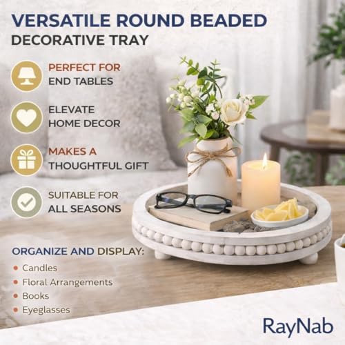 RayNab Farmhouse Round Wooden Beaded Tray - 12in Whitewashed Rustic Decor - Image 4