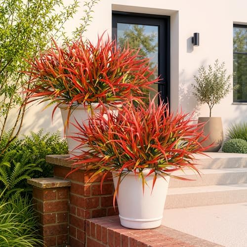 Uieke 28 Bundles Artificial Outdoor Plants UV Resistant Fake Grass Plants Faux Plastic Plants Greenery Shrubs for Home Garden Pathway Window Box Front Porch Cemetery Fall Decor, Autumn Red by Uieke