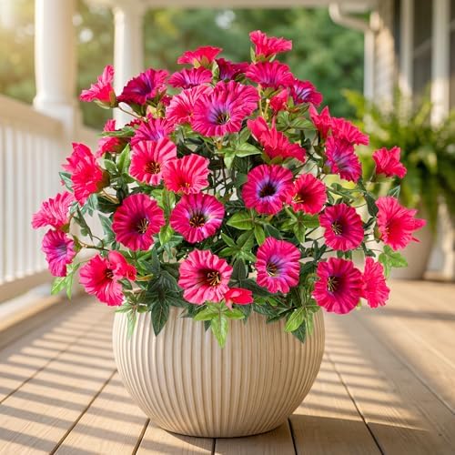 Rose Red Artificial Morning Glory Flowers for Outdoor Planters, Premium UV Resistant Silk Faux Flowers for Porch, Hanging Basket & Window Box, Summer Garden Decor, No Pot, 13.3 Inch, 4 Bundles by UqueetenLtd