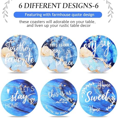 Queekay House Warming Gifts New Home Farmhouse Coasters Set of 6, Blue - Image 4