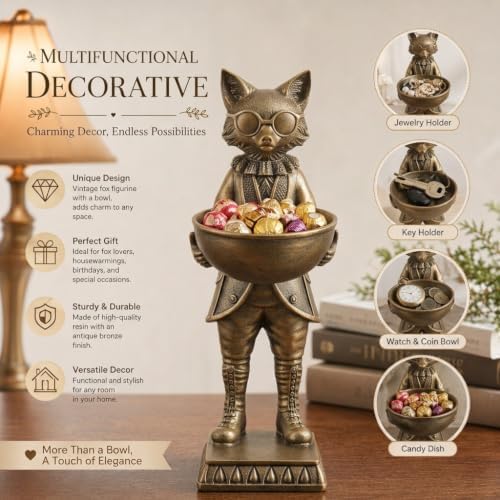 Home Decor Gift 12.6 Inch Vintage Fox Statue with Bowl, Resin Fox Figurine Serving Tray, Multifunctional Key Candy Purse Holder Bowl, Jewelry Dish Ring Holder, Desktop Tabletop Art Decor - Image 4