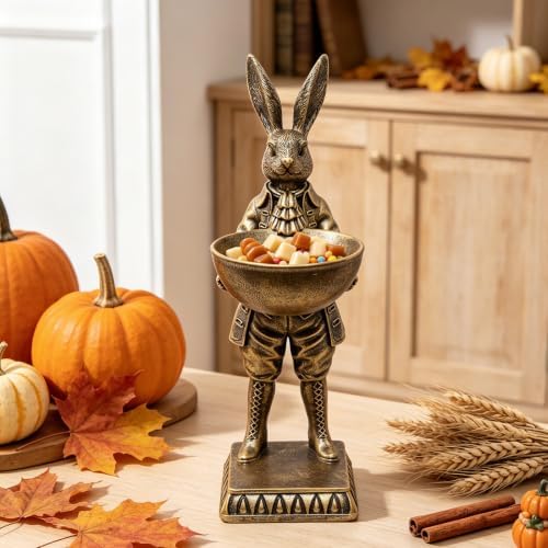 Home Decor Gift 12.6 Inch Vintage Rabbit Statue with Bowl, Resin Bunny Figurine Serving Tray, Multifunctional Key Candy Purse Holder Bowl, Jewelry Dish Ring Holder, Desktop Tabletop Art Decor - Image 2