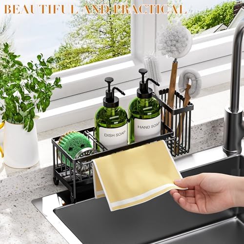 Kitchen Soap Dispenser Set with Sponge Holder and Towel Rack, 17OZ Glass Bottle, Hand and Dish Soap Dispenser Set, Non-Slip Silicone Pad, Brush Holder, Kitchen Sink Caddy Organizer Countertop (Green) - Image 4