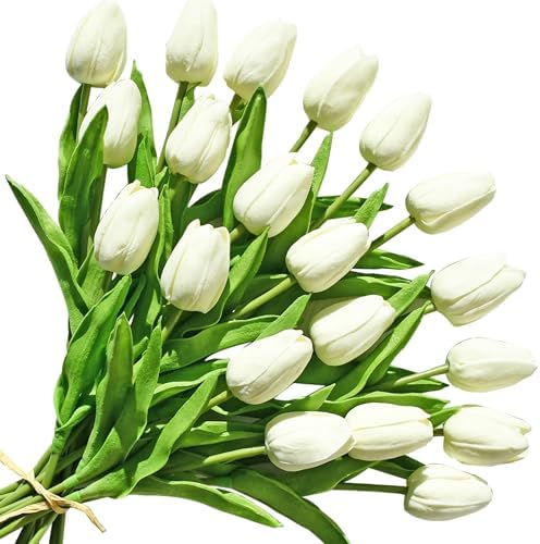 ONLY ART Artificial Cream Tulips 20 Pcs – 13.5 Inch PU Faux Flowers with Bendable Stems for Home Décor, Wedding Centerpieces, DIY Floral Arrangements, New Year and Valentine's Day by ONLYART