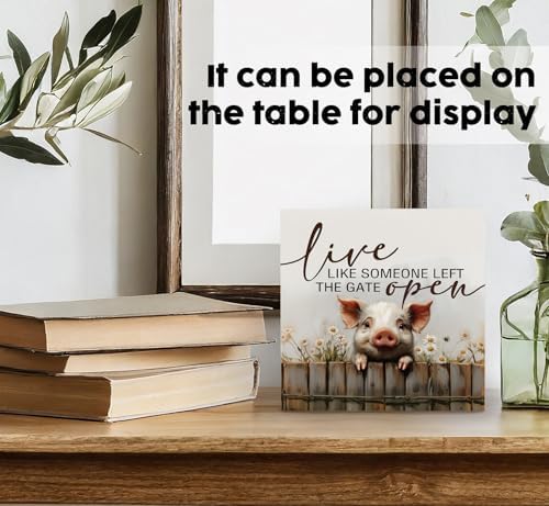 Pig Signs - Farm Cottagecore Animal Office Kitchen Bedroom Decor,Rustic Farmhouse Live like Someone Left the Gate Open Home Decor Wooden Signs,Pig Gifts for Women,6x6 - Image 3