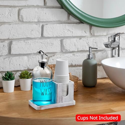 Glass Mouthwash Dispenser for Bathroom, 16 OZ Mouthwash Dispenser with Pour Spout and White Washed Wood Cup Holder and Tray, Mouth Wash Bottle Container, Rustic Kitchen Bathroom Decor and Accessories - Image 2