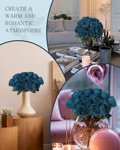 Coferset 10 Pcs Fake Silk Roses with Long Stems,Peacock Blue - Image 5