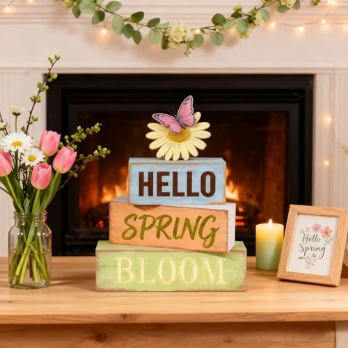 Spring Decoration Wooden Tiered Tray Decor – Rustic Hello Spring Bloom Stacked Block Sign with Butterfly Daisy Topper – Farmhouse Tabletop Spring Decor for Living Room Shelf Kitchen Coffee Bar Seasonal Home Display - Image 6