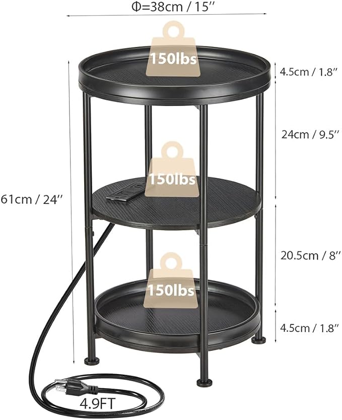 Dulcii Round Side Table with Charging Station, Bedroom Nightstand with Steel - Image 3
