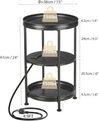 Dulcii Round Side Table with Charging Station, Bedroom Nightstand with Steel - Image 3