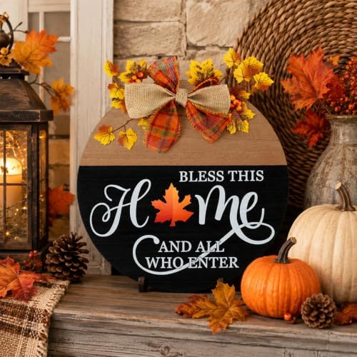 Interchangeable Welcome Sign for Front Door with 4 Seasonal Wreath and 14 Changeable Icons, Bless This Home for Spring Summer Fall Winter All Seasons Holiday, Rustic Round Wood Wreath Door Decoration - Image 3