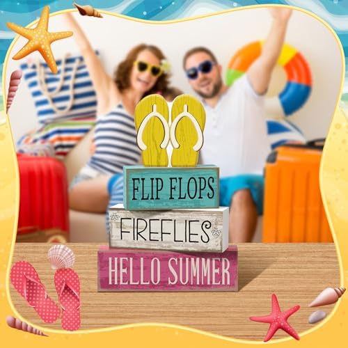 Yuntau 4 Pcs Summer Table Decorations Wood Block Sign Tiered Tray Decor - Image 6