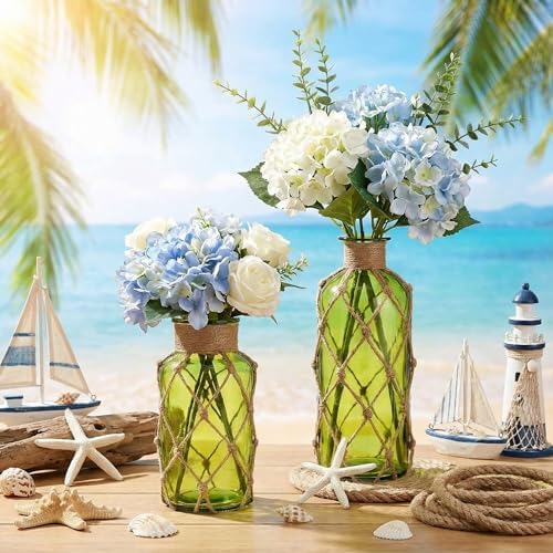 Chuangdi Set of 2 Coastal Glass Flower Vase with Boho Rope, Olive Green - Image 3