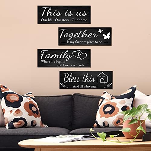 Joyhawk 4 Pieces Home Wall Decor Signs, THIS IS US/TOGETHER/BLESS THIS HOME/FAMILY Wall Decor For Living Room Bedroom, Rustic Wooden Farmhouse Wall Art Decor, 4.7 x 13.8 Inch(Black) - Image 6