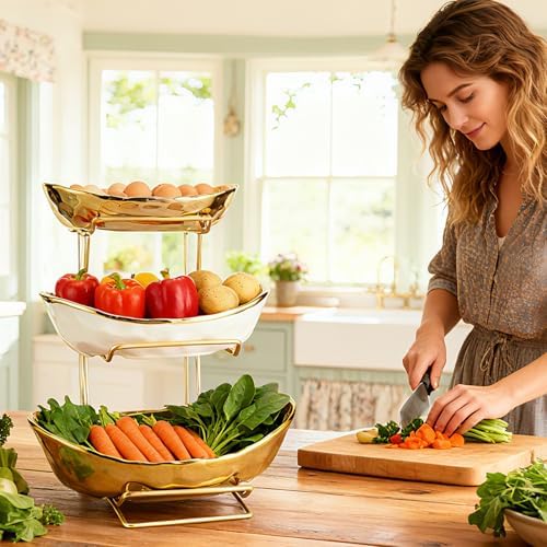 3 Tier Ceramic Fruit Bowl for Kitchen Counter with Metal Rack, Fruit Basket with Stand, Porcelain Bowls for Vegetable Bread Candy Snack Nuts Dessert Cake Tray (Gold 3 Layer) - Image 4