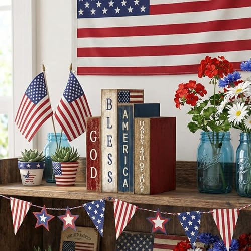 Lineshading 4 Pcs Patriotic Table Decoration Glod Bless American Wooden Book - Image 6