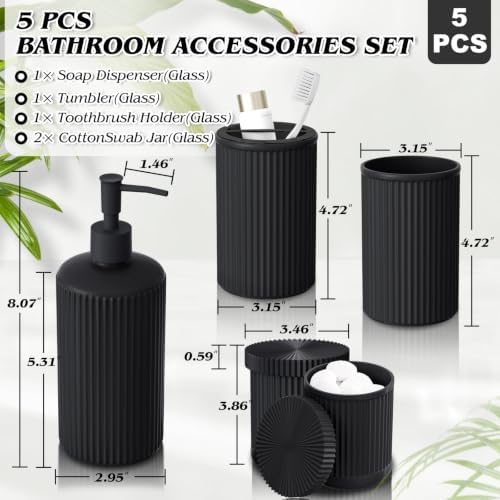 Black Glass Bathroom Accessories Set 5 Piece, Vintage Ribbed Soap Dispenser, Toothbrush Holder, Tumbler, Qtip Jars, Cute Aesthetic Vanity Organizer for Home, Restroom Countertop Decor - Image 2