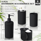 Black Glass Bathroom Accessories Set 5 Piece, Vintage Ribbed Soap Dispenser, Toothbrush Holder, Tumbler, Qtip Jars, Cute Aesthetic Vanity Organizer for Home, Restroom Countertop Decor - Image 2