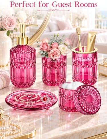 Haturi Hot Pink Bathroom Accessories Set, Glass Bathroom Set, 5 Pcs - Image 6