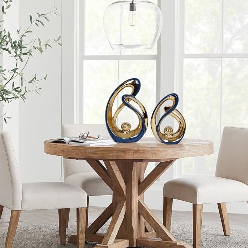 2 PCS Navy Blue Decor Accent Ceramic Statue Blue Gold Mid Century Modern Home Decor Accents Sculpture Decorations Centerpieces for Living Room Bookshelf Shelf Coffee Table Kitchen Office Dining Table - Image 4