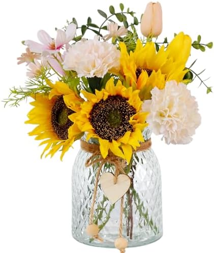 Leftover Fake Flowers in Vase, Artificial Sunflower Bouquets with Flower Arrangement Holder, Table Centerpieces for Dining Room, Faux Silk Sunflowers, Carnations and Tulips Arrangement by LEFTOVER