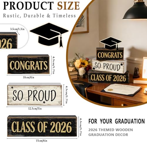 2026 Graduation Table Decorations Class of 2026 Senior Tiered Tray Decor Wooden Cap Block Signs Farmhouse Congrats Grad Tabletop Party Centerpiece for Tables Wooden Sign for Home Decor - Image 2