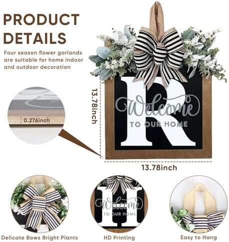 Ultra Large 14'' Last Name All Year Round Front Door Wreath with 26 Initial Letter Welcome Sign All Seasons Eucalyptus Garland and Bow Wreaths for Front Door Porch Farmhouse Decoration (R) - Image 4