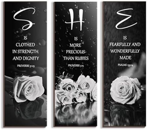 DONFENTHY 3 Pcs Black And White Bedroom Decor White Rose Wooden Wall Decor Black Grey Bathroom Decor Inspirational Farmhouse Office Sign With SHE Bible Words For Women Girl Home Decor(White 12x4Inch) by DONFENTHY