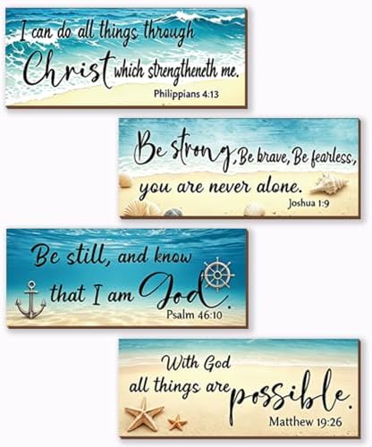 4 Pieces Beach Wall Decor Ocean Bathroom Decor With Bible Verses Wooden Christian Farmhouse Sign for Home Religious Prayer Wall Art for Living Room Office Bedroom Bathroom(Beach,10x4") by Unknown