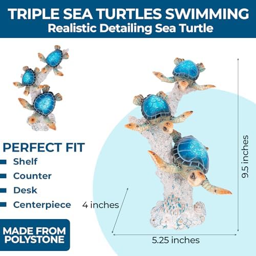 Sea Turtle Statue Triple Turtles Swimming on Coral Reef Base – Ocean-Inspired Polystone Figurine for Coastal, Beach & Nautical Home Decor – Tabletop Accent Sculpture (Blue, 9.5”) - Image 3
