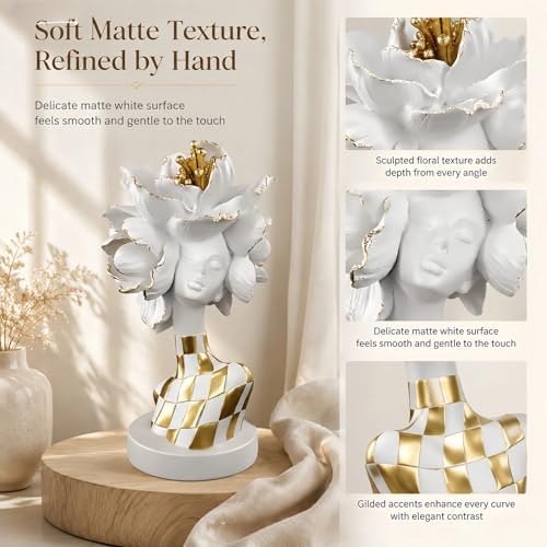 Lescafita White and Gold African Lady Sculpture – Elegant Resin Figurine with Floral Crown, Modern African Art Decor for Living Room, Cultural Gift for Women - Image 5