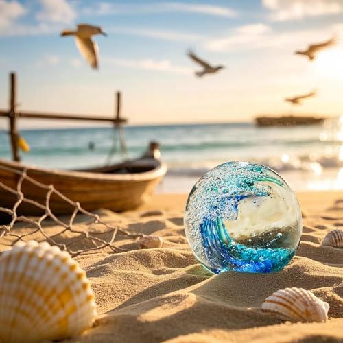 Hand Blown Ocean Wave Glass Ball ：Unique Gift for Beach Lovers，Beach Decorations for Home, Sea Glass Paperweight for Coastal Room Decor, Aquarium & Ocean Themed Decorations - Image 4