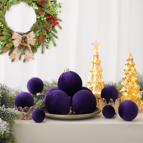 Velvet Christmas Ball Ornaments - 30pcs Flocked Christmas Ornaments Set Shatterproof Classic Hanging Xmas Tree Decorations with Rope for Wreath Holiday Home Decor (Purple) - Image 4