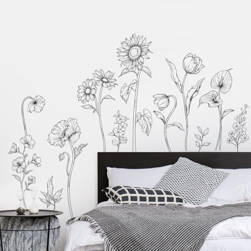 Large Black and White Flower Wall Decals, 3 Sheets Simple Modern Minimalist Sunflower Tulip Wall Stickers Floral Art Decor for Girls Bedroom Home Room Office Adult Gifts for Mom(11.8x35.4 in/Sheet) - Image 6